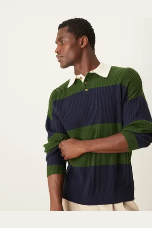 ASOS Polo verde y azul marino a rayas holgado de estilo rugby de punto de