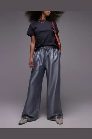 Topshop Pantalones plateados de pernera recta con cordón ajustable de satén texturizado de