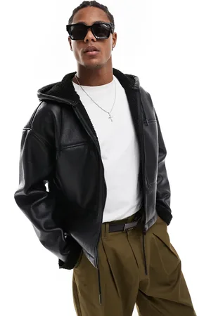 ASOS Chaqueta de aviador negra de cuero sintético con forro de borreguito y capucha de