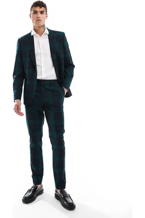 ASOS Pantalones de traje a cuadros escoceses verde oscuro de corte pitillo de
