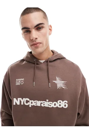 ASOS Sudadera marrón extragrande con capucha y estampado de -Azul