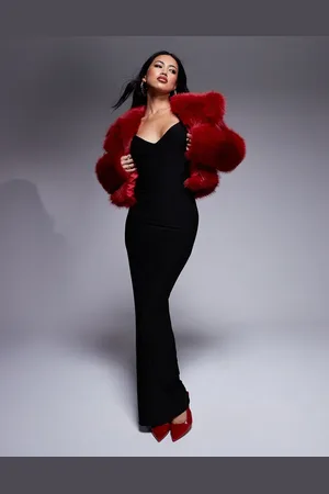 Fashionkilla Vestido largo ceñido con mangas de casquillo, espalda escotada, pecho fruncido y diseño de dos capas de
