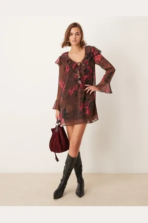 New Look Vestido corto con estampado floral, volantes y lazada al cuello de