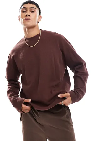 ASOS Camiseta marrón oscuro extragrande de manga larga con abertura lateral de tejido texturizado de