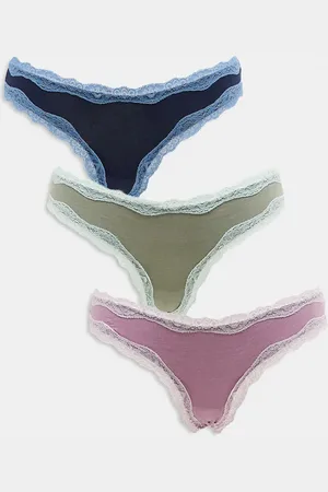 ASOS Pack de 3 braguitas brasileñas de color azul, caqui y morado con ribete en contraste de algodón y encaje de -Multicolor