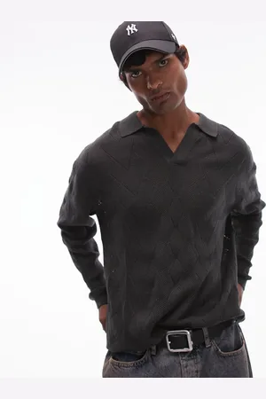 Topman Polo de manga larga con patrón de rombos de punto pointelle de