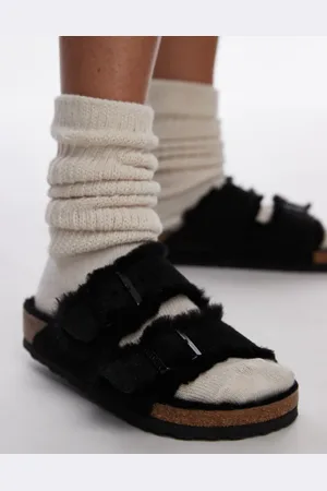 Birkenstock Sandalias negras unisex de ante y borreguito Arizona de