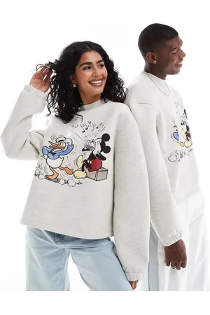 ASOS Sudadera gris jaspeado unisex de corte cuadrado extragrande con estampado de Mickey Mouse y Pluto de Disney de tejido efecto neopreno de -Blanco