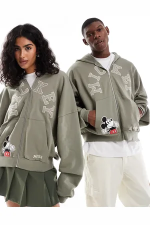 ASOS Sudadera caqui unisex de corte cuadrado ultragrande con capucha, cremallera y estampados y bordado de Mickey Mouse de Disney de -Verde