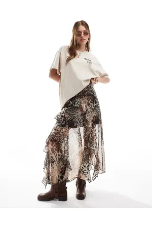 Miss Selfridge Falda larga con estampado animal y volantes asimétricos de chifón de -Multicolor