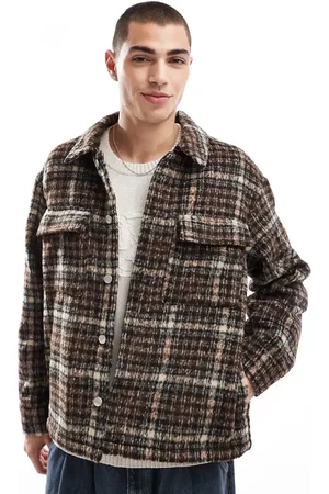 JACK & JONES Chaqueta marrón a cuadros estilo camisa con bolsillos de