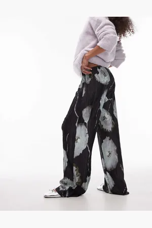 Topshop Pantalones negros plisados de pernera ancha con estampado floral abstracto de -Verde