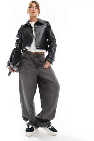 ASOS Chaqueta Harrington negra reforzada de tejido efecto cuero y borreguito de