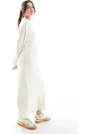 VERO MODA Vestido semilargo color melange con cuello tipo polo de tejido muy suave de -Blanco
