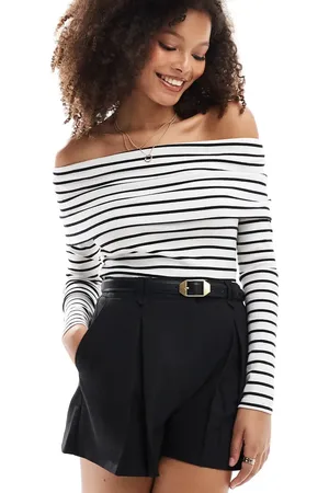 Miss Selfridge Top a con escote Bardot plegado ancho de canalé de -Multicolor