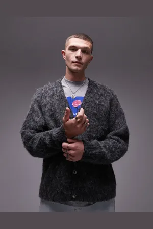 Topman Cárdigan gris holgado de punto mullido texturizado de -Multicolor
