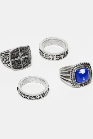 Reclaimed Pack de 4 anillos plateados unisex con detalle de piedra sintética azul de