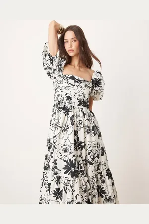 Abercrombie & Fitch Vestido midi blanco y negro con estampado floral y mangas abullonadas Emerson de