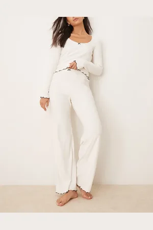 Abercrombie & Fitch Pantalones de pijama color crema con borde ondulado de (parte de un conjunto)-Blanco