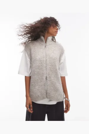 Topshop Chaleco largo color extragrande con cremallera de punto de -Beis neutro