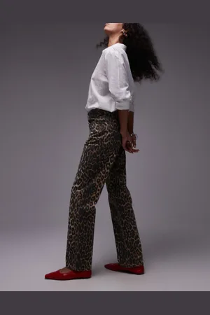Topshop Pantalones multicolores de pernera recta larga con estampado de leopardo de