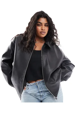 ASOS Chaqueta Harrington negra con cremallera delantera de tejido efecto cuero de ASOS DESIGN Curve