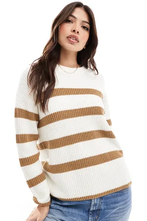 SELECTED Jersey color crema con rayas color tostado de punto de Femme-Blanco