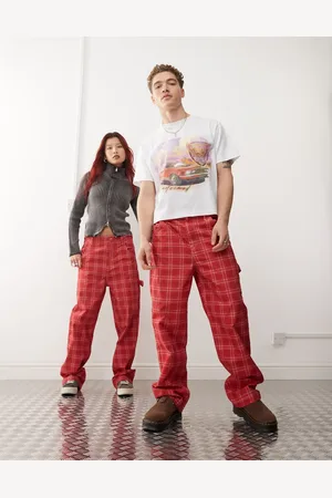 Reclaimed Pantalones rojos a cuadros unisex de pernera barrel de