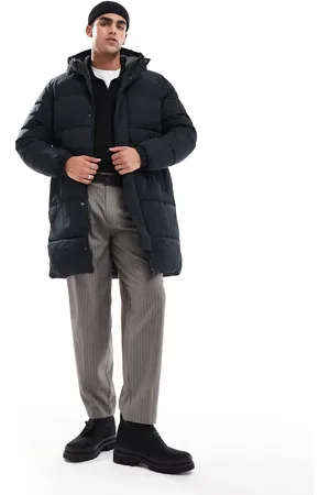 JACK & JONES Chaqueta acolchada larga negra con capucha de