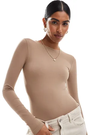ASOS Body color moca de manga larga con cuello redondo y diseño moldeador sin costuras de -Beis neutro