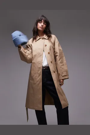 MANGO Gabardina midi color tostado con cinturón premium de