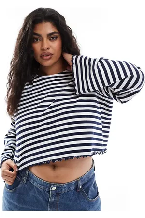ASOS Camiseta blanca y azul marino a rayas de manga larga con bajo ondulado de ASOS DESIGN Curve-Multicolor