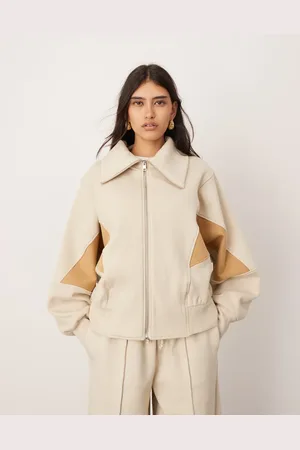 ASOS Sudadera color avena y camel con solapas grandes y cremallera de tejido grueso premium de -Multicolor
