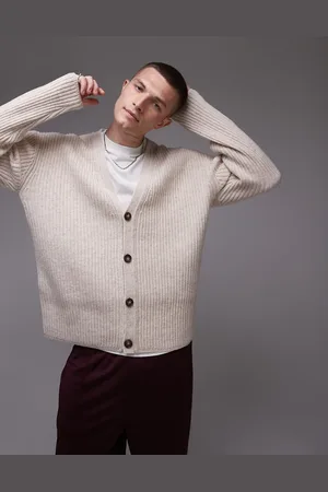 Topman Cárdigan color piedra de canalé de lana de cordero premium de - neutro