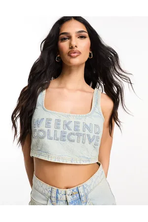 ASOS Bralette vaquero con logo y bordes sin rematar de Weekend Collective-Azul