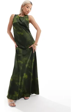 VERO MODA Vestido largo verde con estampado abstracto de satén Aware de