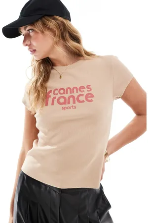 ASOS Camiseta color con diseño encogido y estampado gráfico "Cannes France" de canalé de -Beis neutro