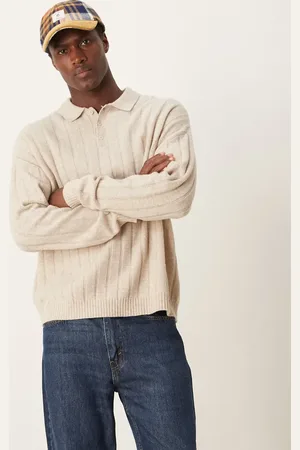 ASOS Polo color holgado de punto de canalé ancho de lana de cordero de -Beis neutro