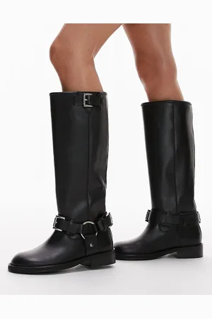 Topshop Botas biker por la rodilla negras de cuero premium Tee de