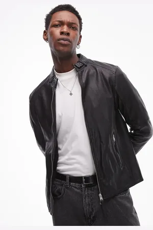 AllSaints Chaqueta negra sin solapas de cuero Cora de -Negro