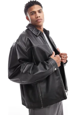 ASOS Chaqueta Harrington negra extragrande de cuero auténtico premium de