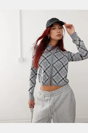 Monki Cárdigan azul con patrón de cuadros de jacquard y botones delanteros de