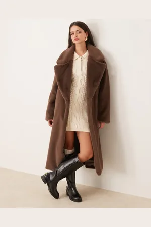 ASOS Abrigo largo marrón moca sin cierres de piel sintética de