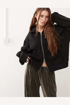 Weekday Sudadera negra de corte cuadrado con capucha y cremallera Essence de