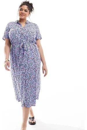 VERO MODA Vestido camisero largo azul abotonado con estampado floral de