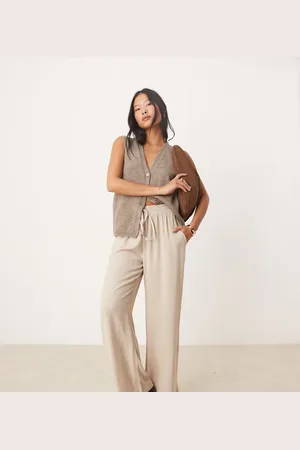 VILA Pantalones color piedra de pernera ancha con lazada en la cintura y tacto efecto lino de -Beis neutro