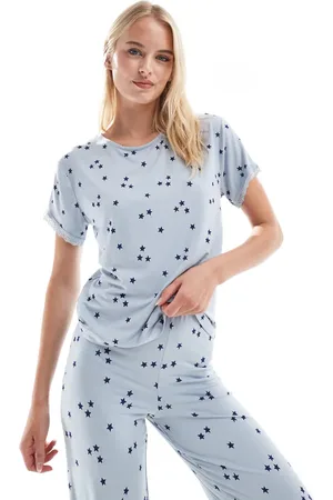ASOS Camiseta de pijama azul de tejido supersuave con y ribete de encaje Mix & Match de