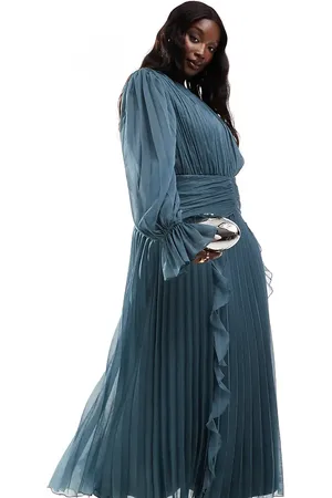 ASOS Vestido largo gris con cuello alto, diseño fruncido y detalle de cinturón de ASOS DESIGN Curve-Azul