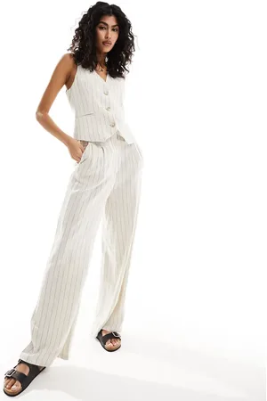 ASOS Pantalones de sastre color crudo a rayas de pernera ancha y talle alto con detalle de costuras de lino de -Multicolor