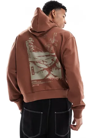 ASOS Sudadera marrón de corte cuadrado extragrande con capucha y estampado en la espalda de